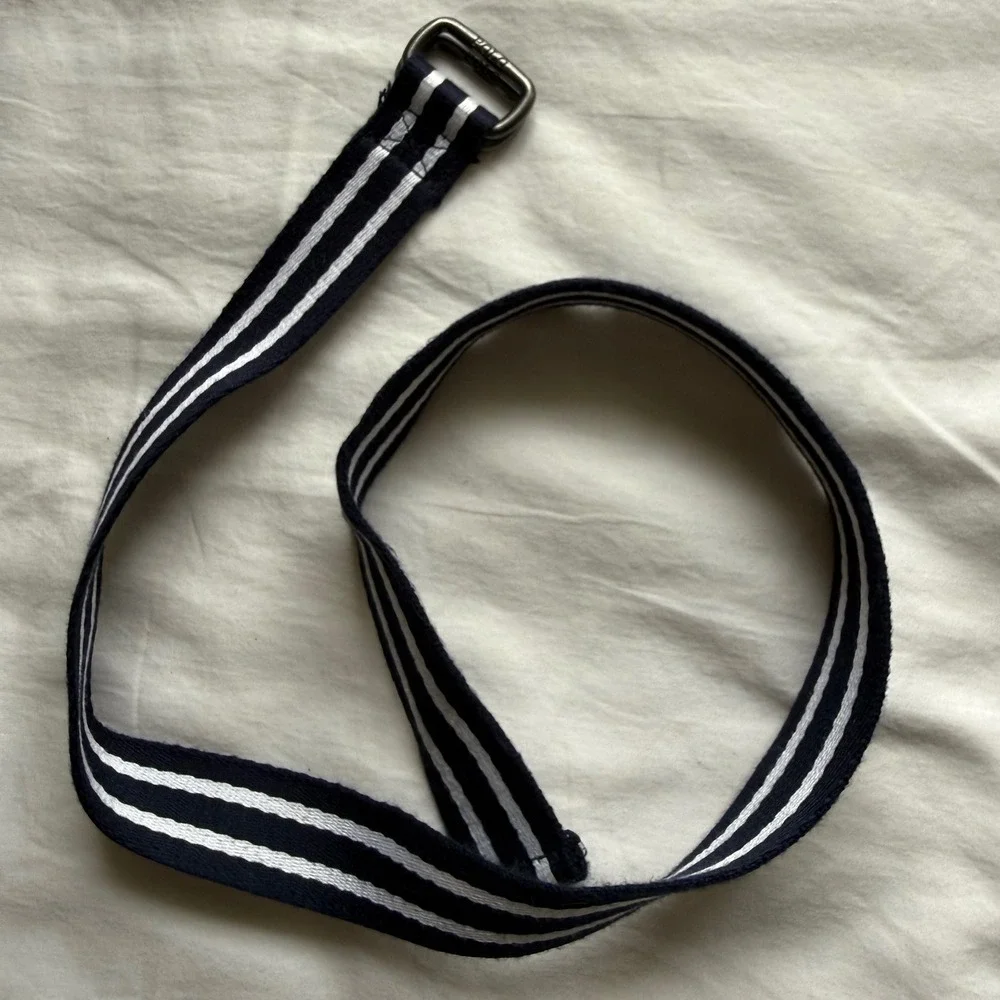 Polo Ralph Lauren D Ring Web Belt Navy Blue White Striped Canvas Adjustable 32